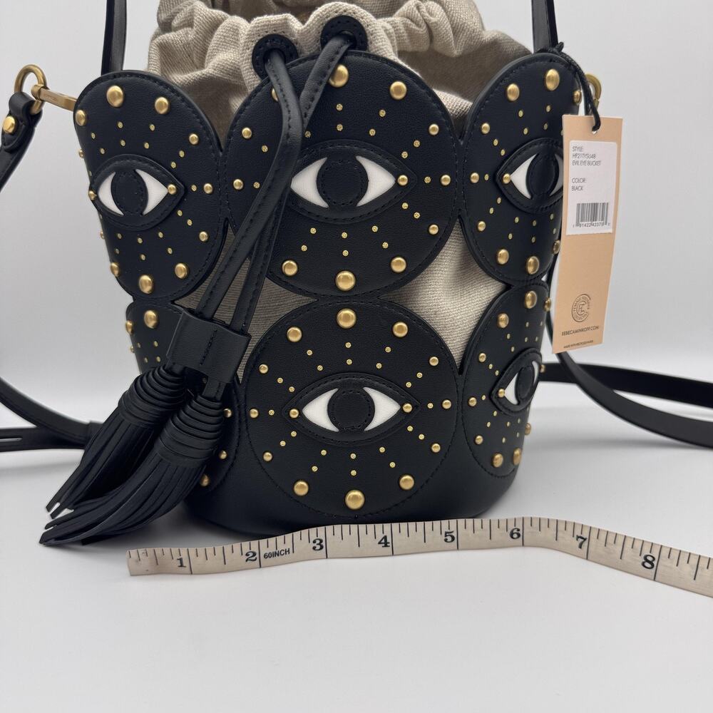 Rebecca Minkoff Evil Eye Bucket Bag Studded Leather Canvas Crossbody Black NEW - Picture 15 of 16